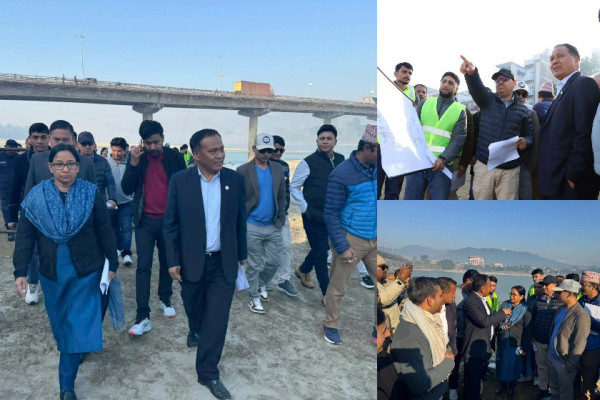 मन्त्री घिसिङले गरे नारायणी ब्रिज निरीक्षण : समयमै सक्न निर्देशन